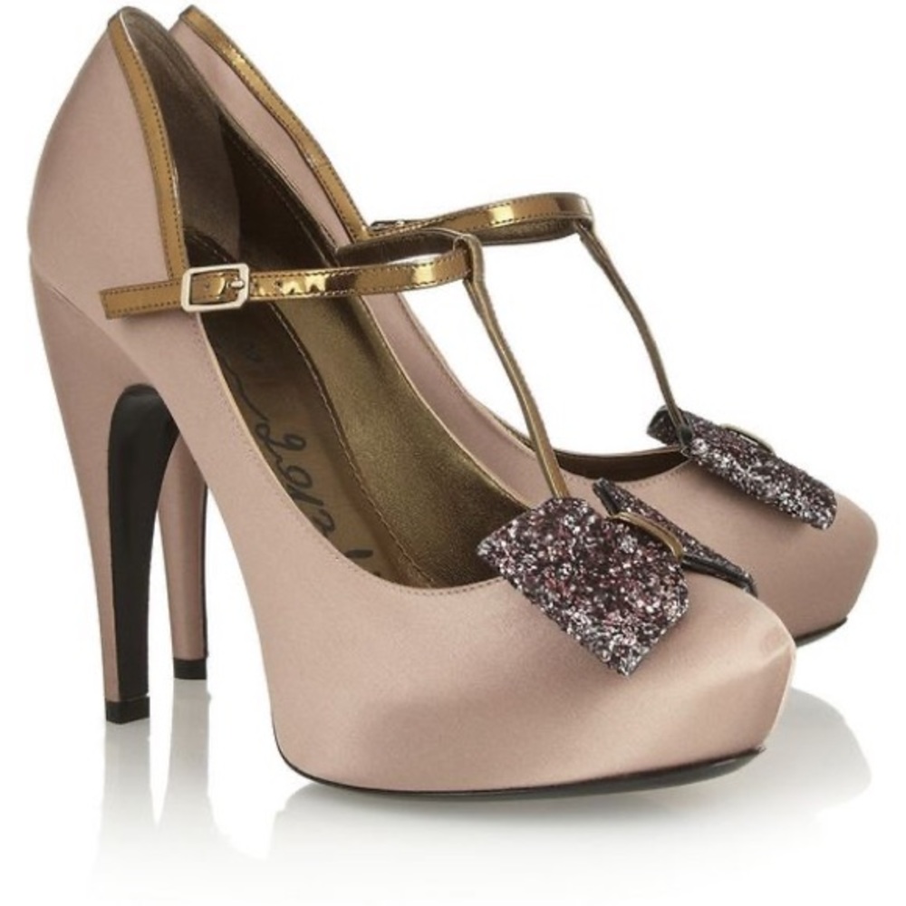 LANVIN Glitter-Bow Satin T-Bar Pumps